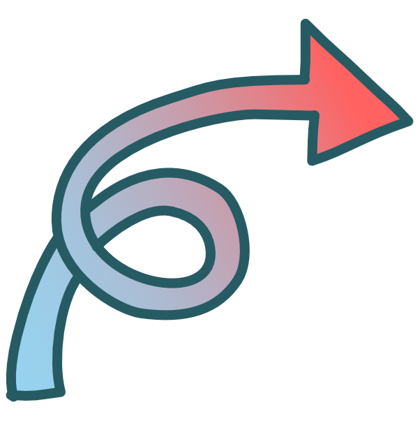 An arrow starts in the bottom left corner and forms a loop before pointing to the right from the top right corner. It has a blue-green outline and its interior grades from light blue to orange-pink.